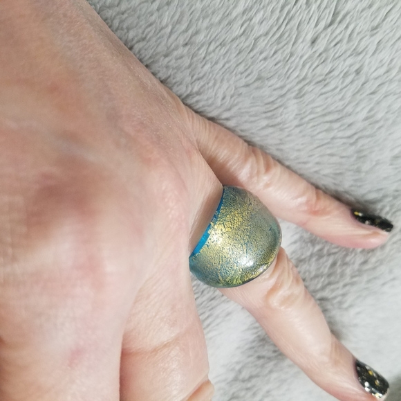 Aqua Blue Glass Ring with Gold Flecks, Size 7 - Picture 3 of 8
